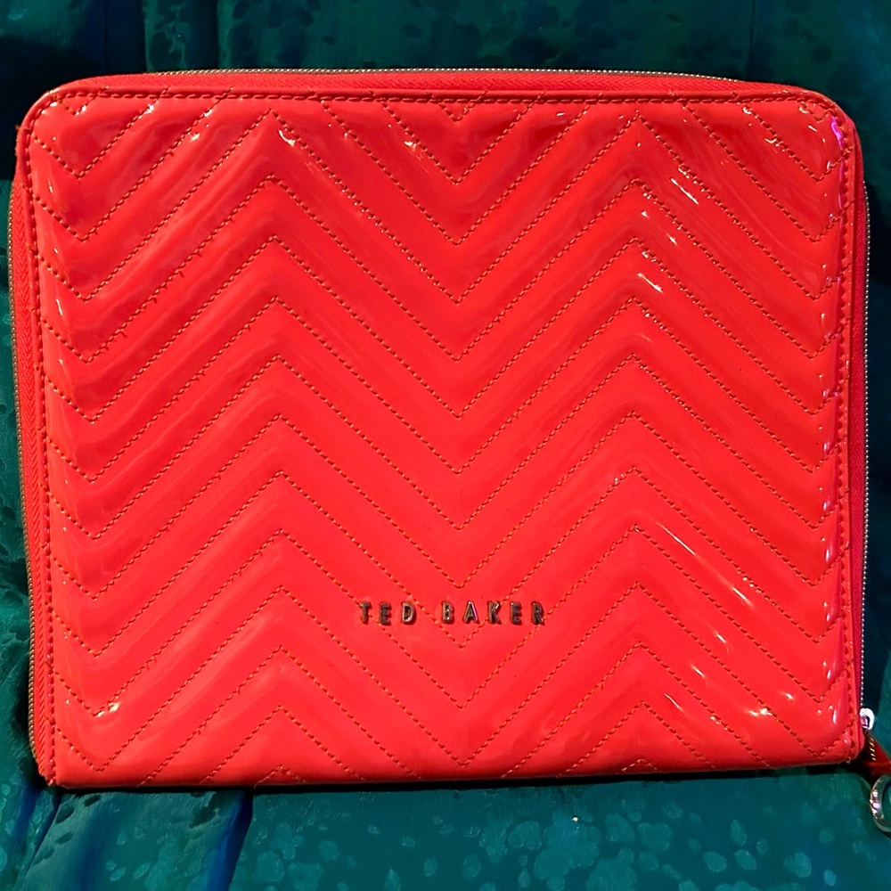 Ted Baker Orange Vinyl Media Pouch w/ Chevron Stitching & Gold Accents